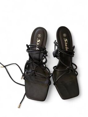SHEIN Black Lace-Up Square Toe Heeled Sandals